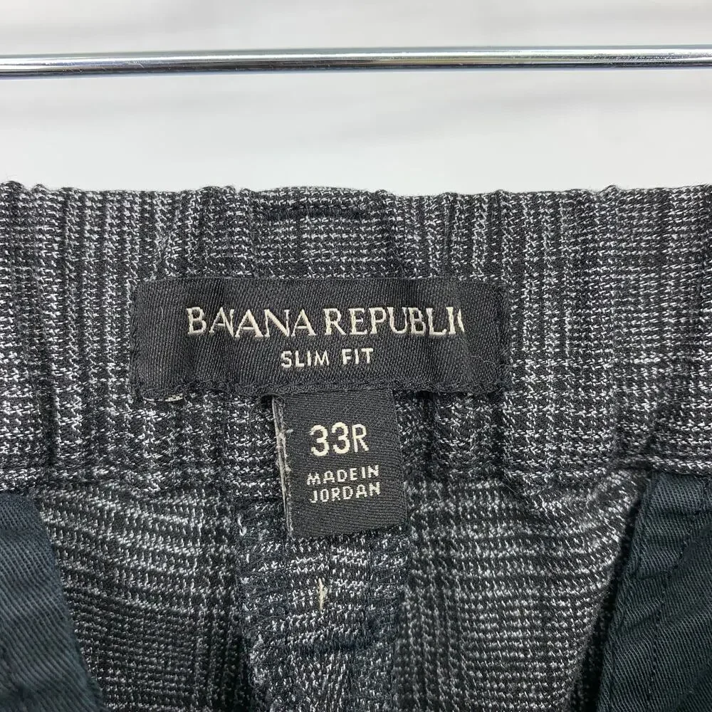Banana Republic Slim Fit Trouser Pants Mens Size 33R Gray Black Plaid Drawstring